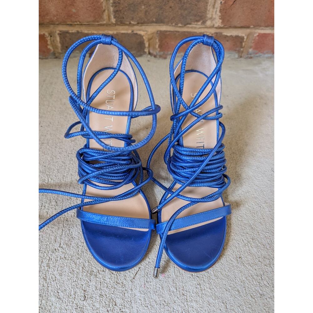 Stuart Weitzman Nudistwrap 110 Blue Metallic Leather Heel Sandal New Size 6 $525 - Picture 6 of 16